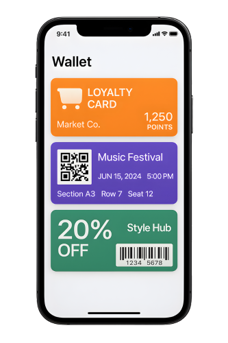 Apple Wallet passes displayed on iPhone showing loyalty card, event ticket, and coupon examples